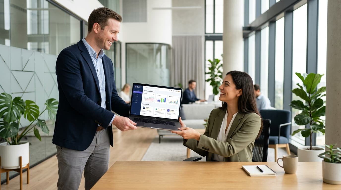 Person handing over a laptop showing the SaaS MRKT dashboard to a client
