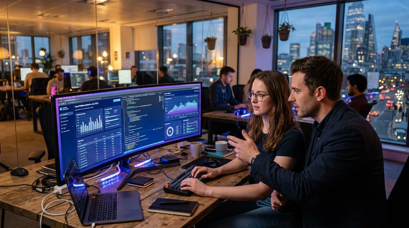SaaS specialist and client actively collaborating in front of an ultrawide monitor analyzing cloud metrics and workflow dashboards